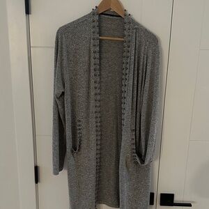 Soft Gray Open-Front Women's Sweater Metallic Shimmer Beading XL